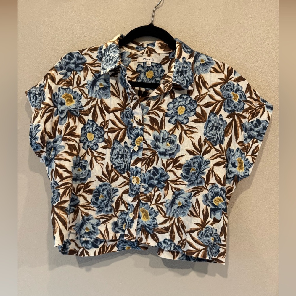 Madewell Blue and Brown Floral Cropped Button-Down Shirt